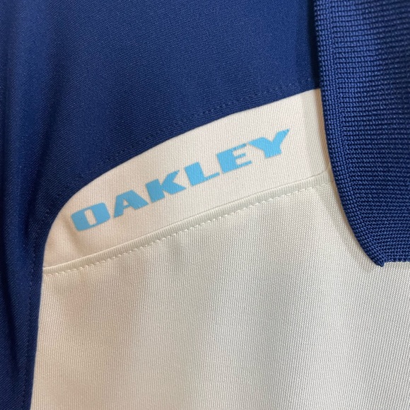 Oakley Polo Shirt Spellout Blue Orange Stripe Short Sleeve Golf Mens Small - Picture 6 of 11